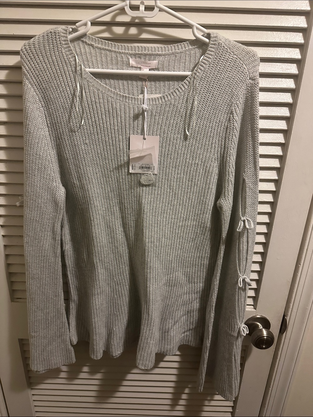 LC Lauren Conrad Light Gray Ribbed Knit Sweater with Tie Detail